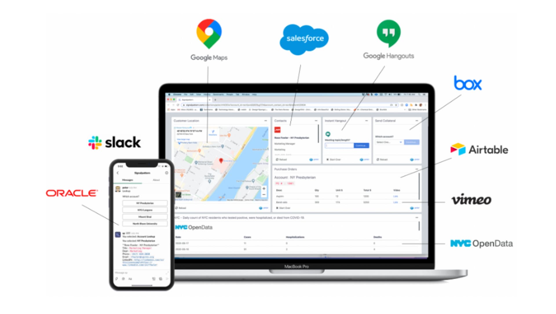 Custom enterprise apps on desktop and mobile connecting to Salesforce, Google Maps, Slack, Oracle, Box, Airtable, and more